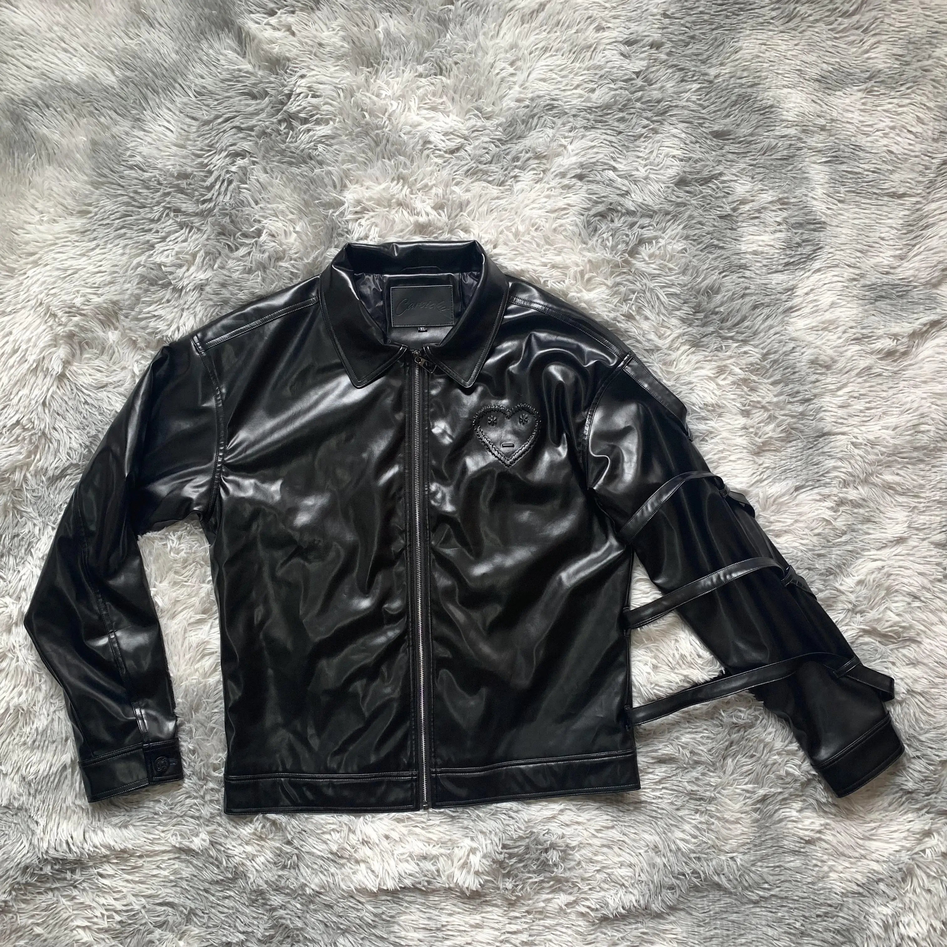 DENIMGUYS Custom Embossed Logo Unique Design Straps Men Street Genuine Leather Jacket for Men