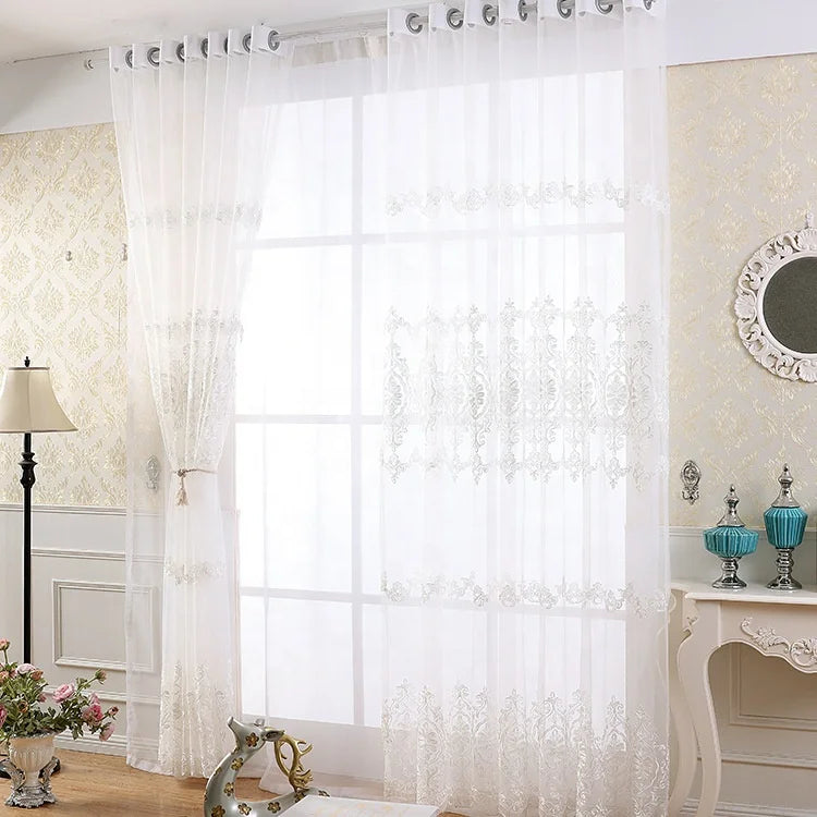 European Style Thickened Milk Silk Transparent Embroidered Curtain Tulle Living Room Bedroom Study White Sheer
