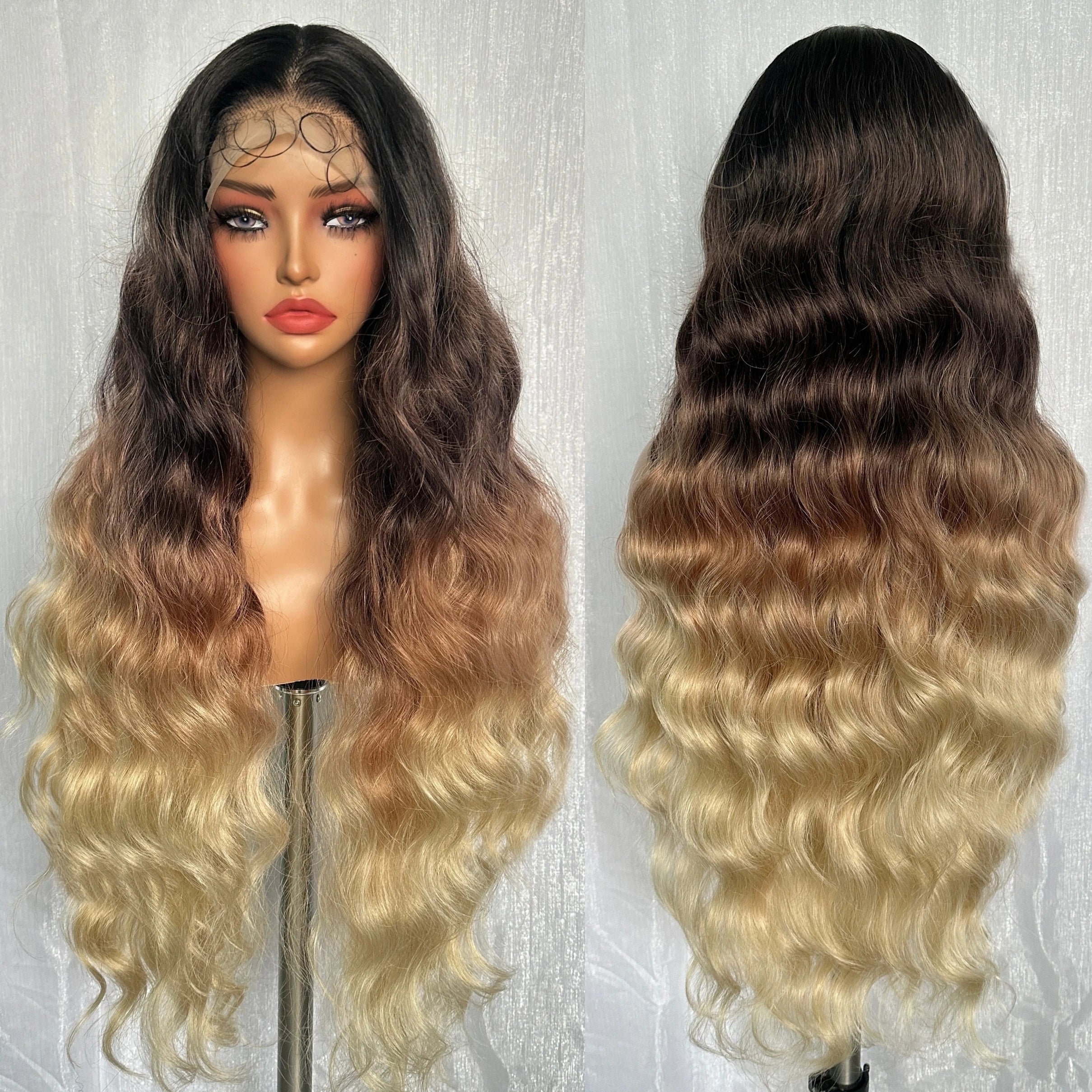 X-TRESS Synthetic Lace Front Wig  6*13 HD Lace Ombre Blonde Glueless Loose Wave Wig Synthetic Wig Heat Resistant for Black Women