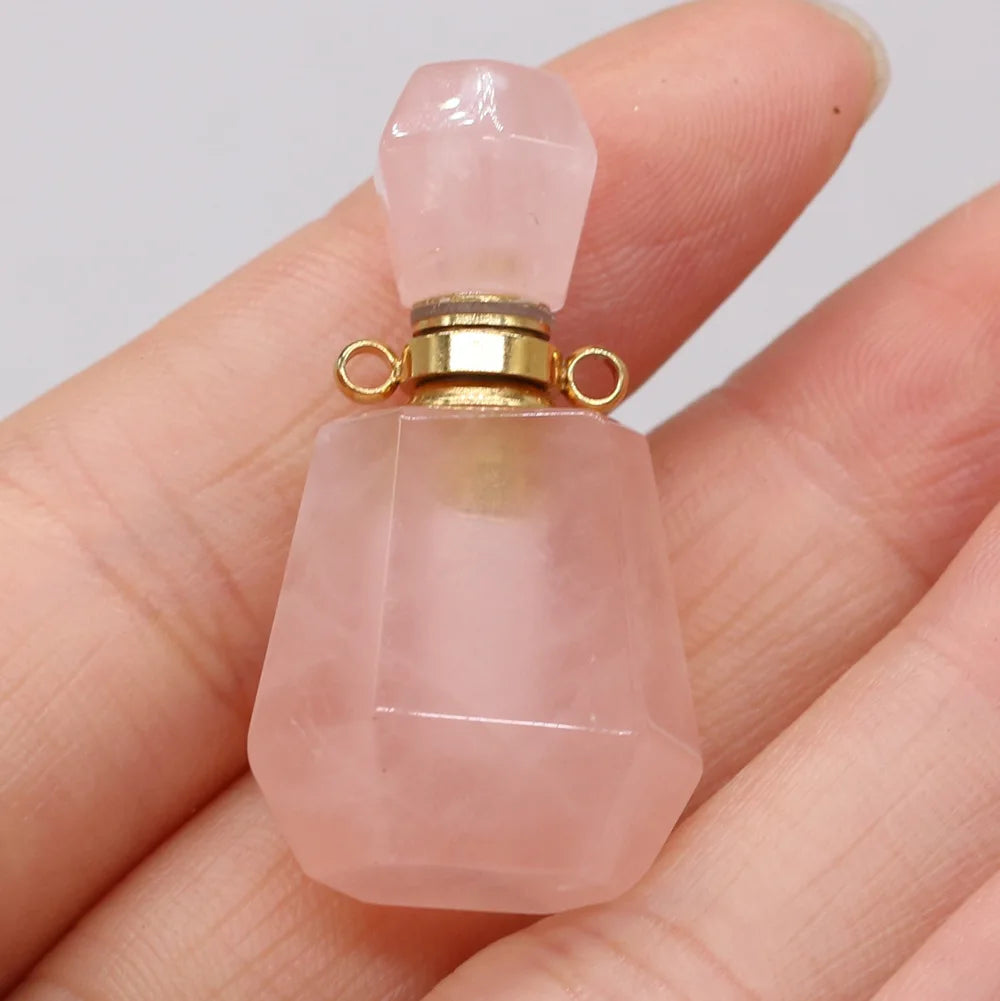 Hongzhuo Natural Faceted Rose Quartz Stone Essential Oil Diffuser Perfume Bottle Pendant Necklace