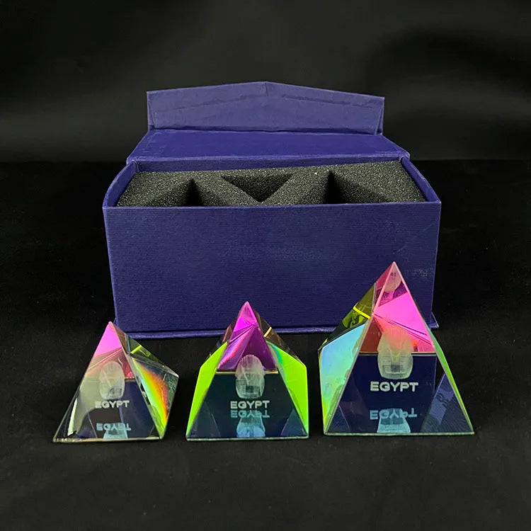 Set of Iridescent Rainbow Pyramid Crystal with Laser Egypt Pharaoh MH-F0593