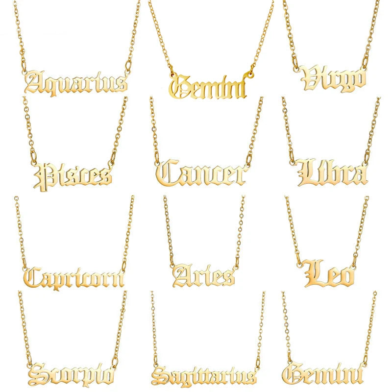 Fashion Non Tarnish 18K Gold Silver Plated Stainless Steel Old English Astrology 12 Zodiac Sign Necklace Jewelry for Women