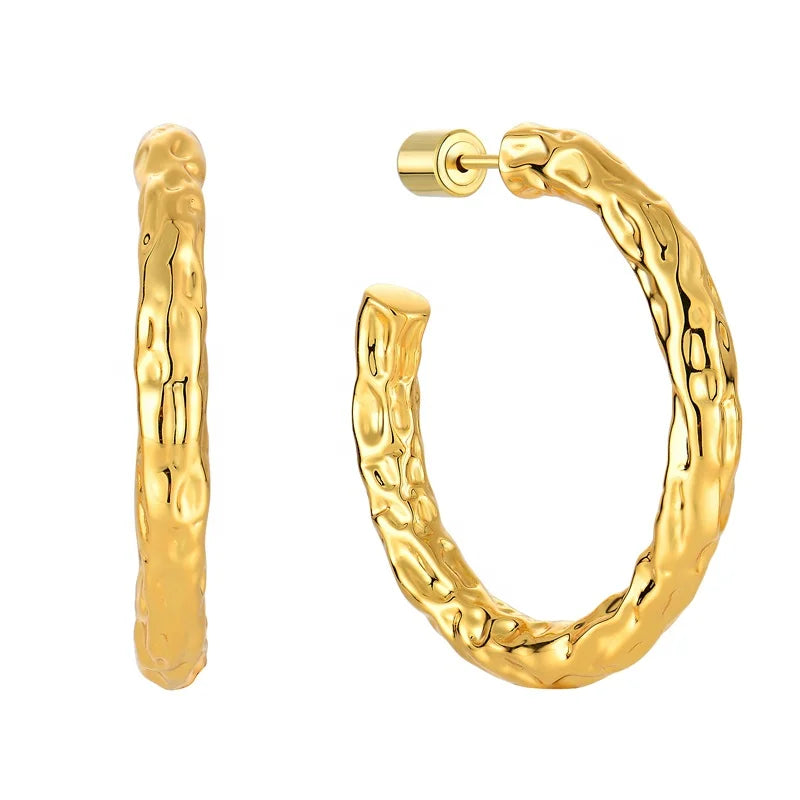 Raw Rough Hammer Finish Large Hoop Stud Earrings 18K Gold Plated Brass Jewelry