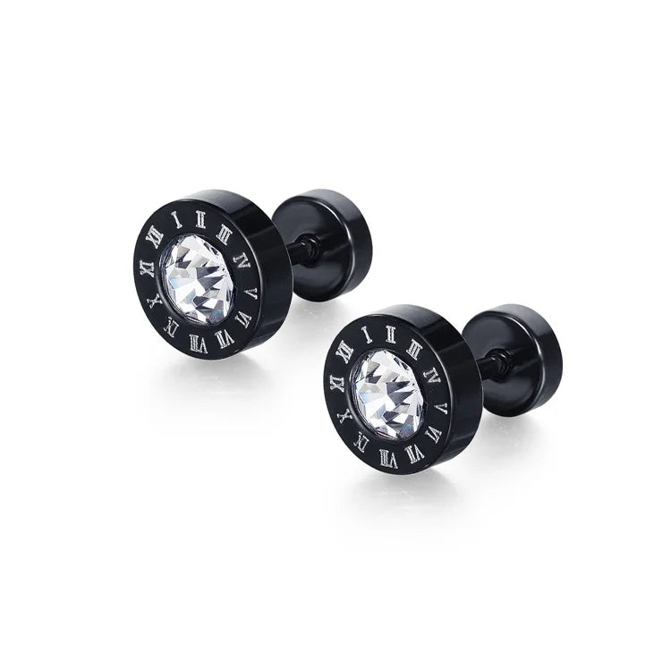 Cool Punk Style Roman Numeral Earring Stainless Steel Black Plated Round Crystal Jewelry Fashion Earrings Men Accessories