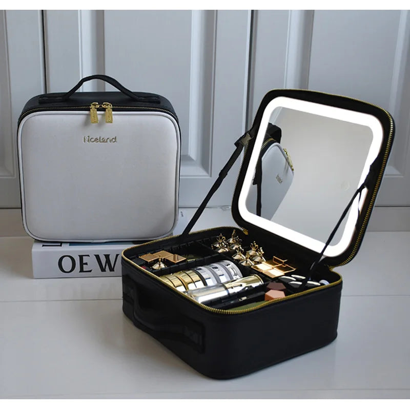 2023 New  Makeup Case With Led Mirror Makeup 3 Color Setting Organizer PU Makeup Box With Adjustable Dividers Large Cosmetic Bag