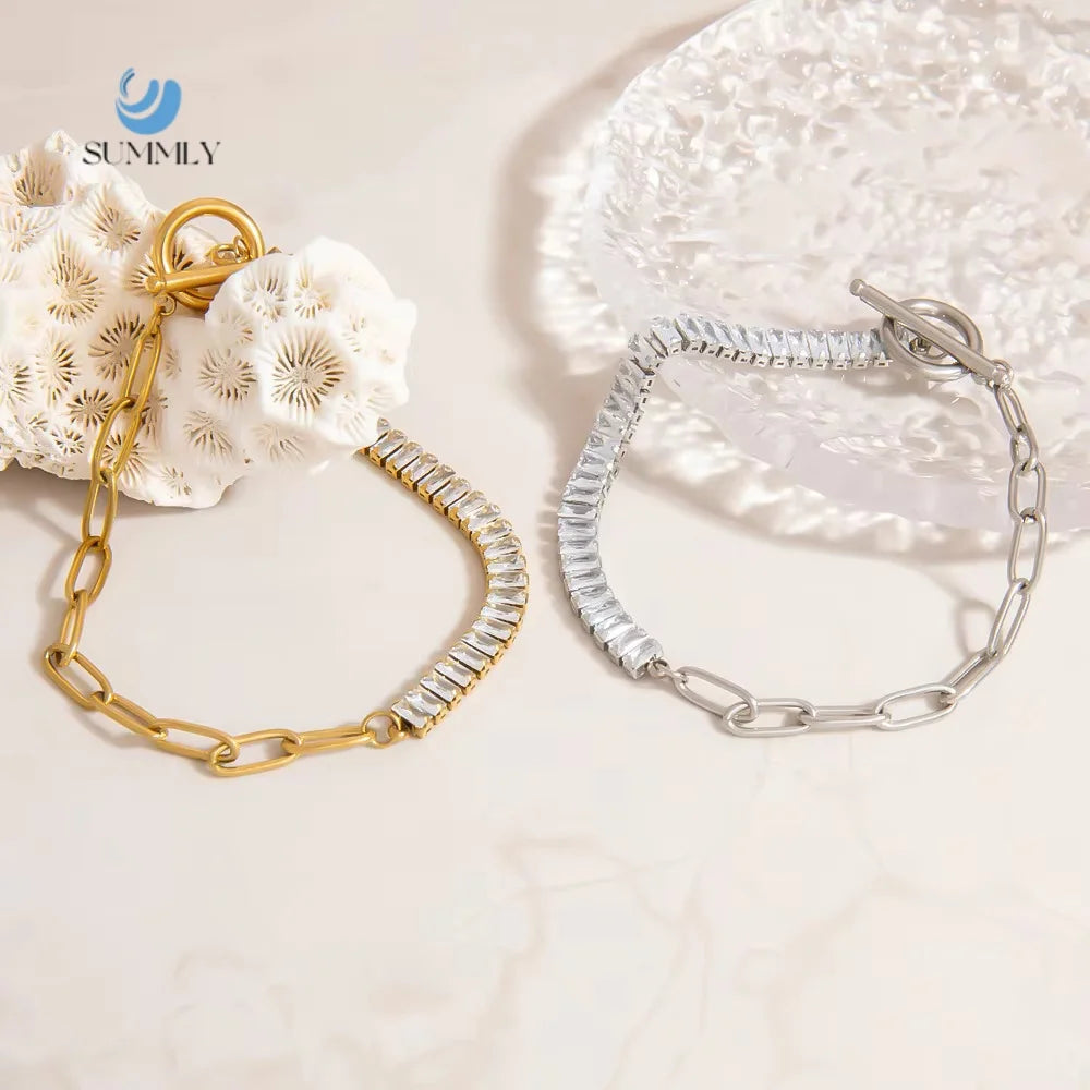 SUMMLY Trend Wholesale Creative Gold and Silver Splicing 18K Gold Plated Stainless Steel Zirconia Chain Bracelet Fashion Jewelry