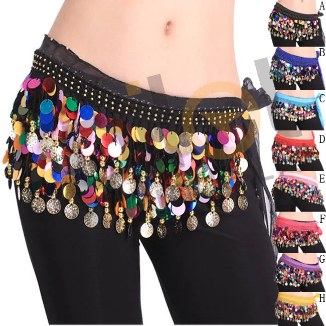 Sweet Belly Dance Skirt Wrap Performance Bling Sequins Coins Dance Costume for Women