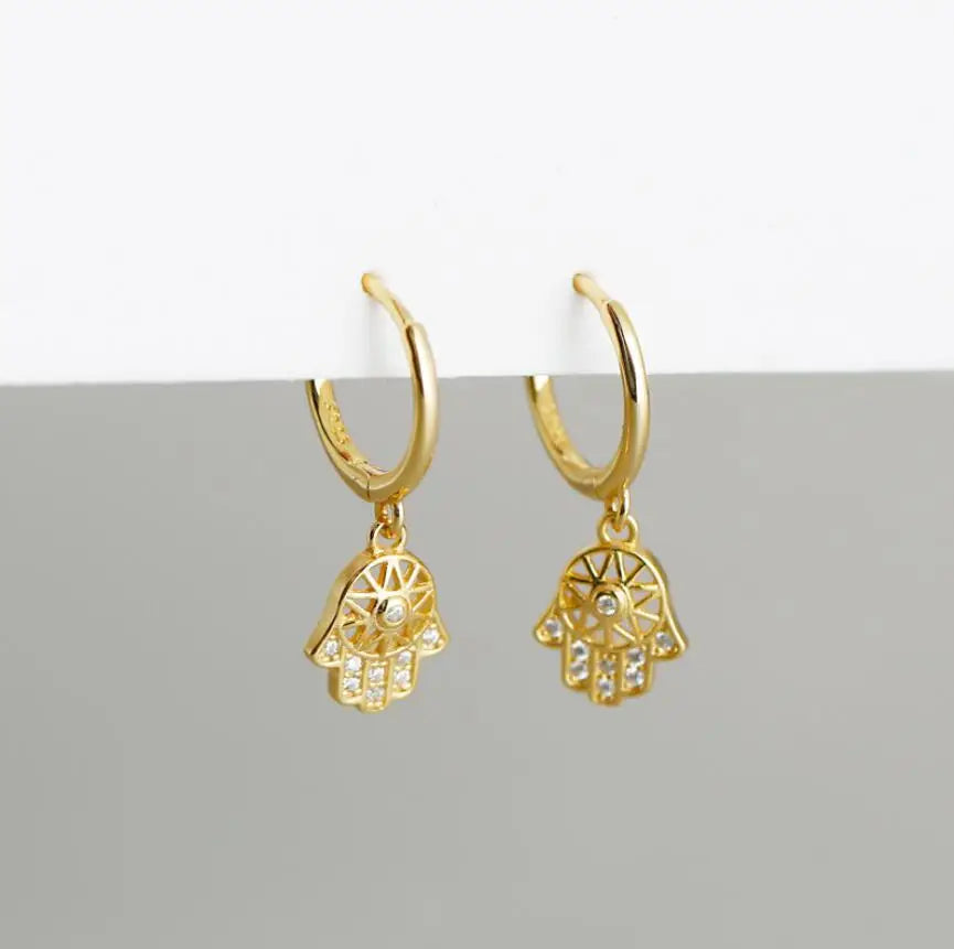 Sterling Silver Latest Style Gold Plated Antique Drop Hamsa Small Hoop Huggies Cute Earrings Women