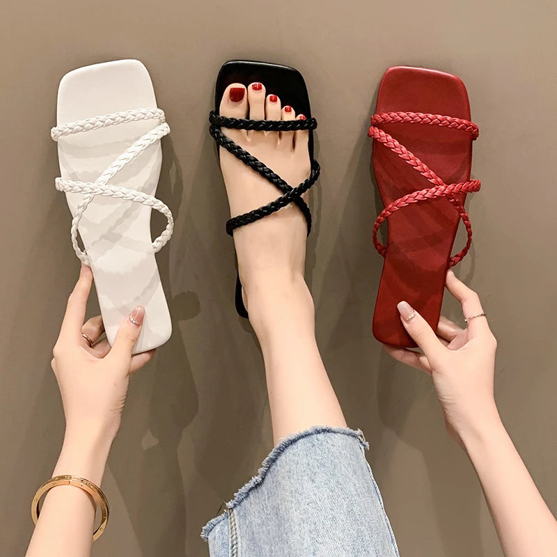 Big Size Women Flat Sandals Weaving 3 Color slippers 888-1