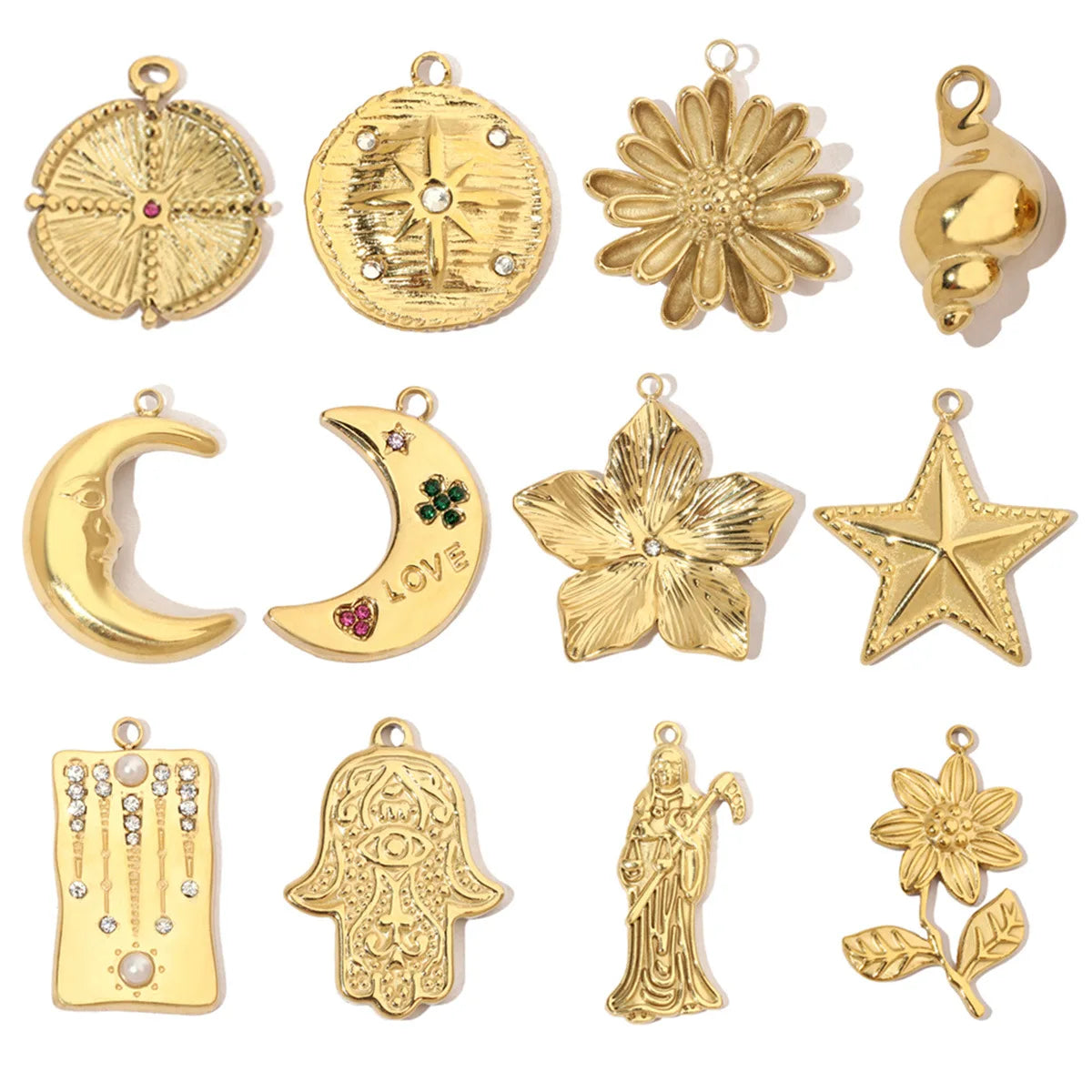 Wholesale 18K Gold Plated Stainless Steel Rhinestone Earring Charms with Conch Moon Star Design for Unisex Jewelry Making