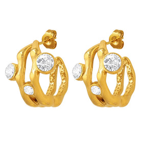 Fashion European and American C- Shaped Geometric Hollow Inlaid Zircon Titanium Steel 18K Gold Plating Hoop Earrings Women