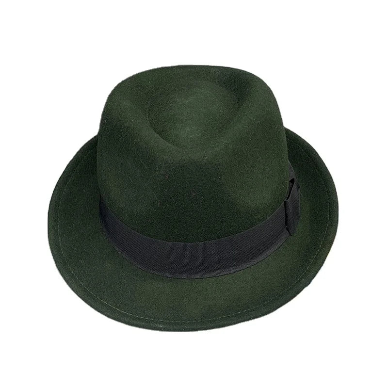 Green Wool Felt Jazz Hat Men's Fall and Winter Retro British Wool Formal Hat Beach Gentleman Felt Fedora Hat