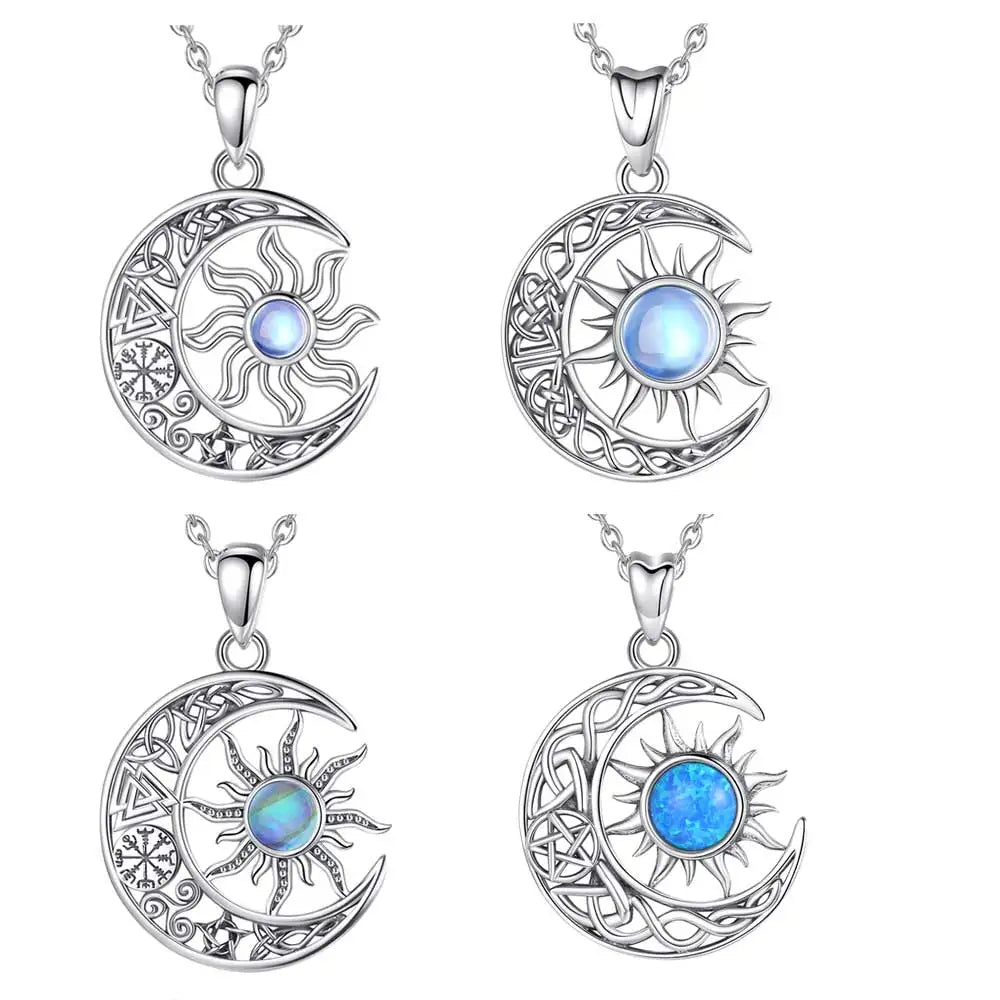 Changda Jewelry 925 Sterling Silver Viking Moonstone Opal Sun and Crescent Moon Star Pendant Necklaces