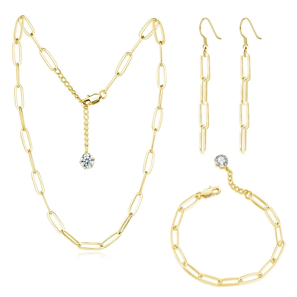 Fashion Minimalist IP Plating Link Chain 18K Gold  Stainless Steel Zircon Hanging Pendant Paperclip Chain Bracelet