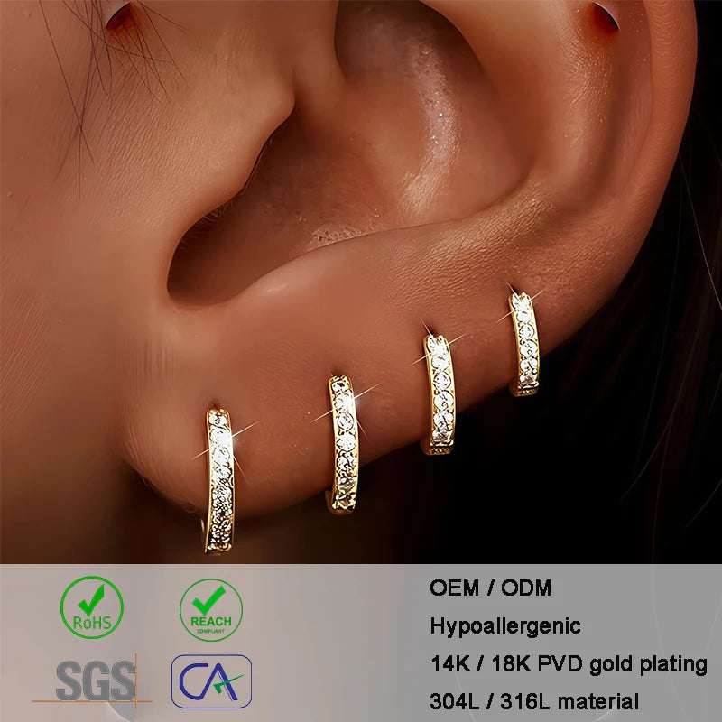Wholesale French Beautiful 316L Stainless Steel 14k Gold Circle White Zircon Fine Hoop Earrings Design for Women's Party Gift