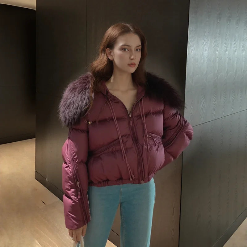 Heavyweight Relaxed Thickened Quilted Jacket With Fur Collar for Winter Cold Weather Casual Streetwear