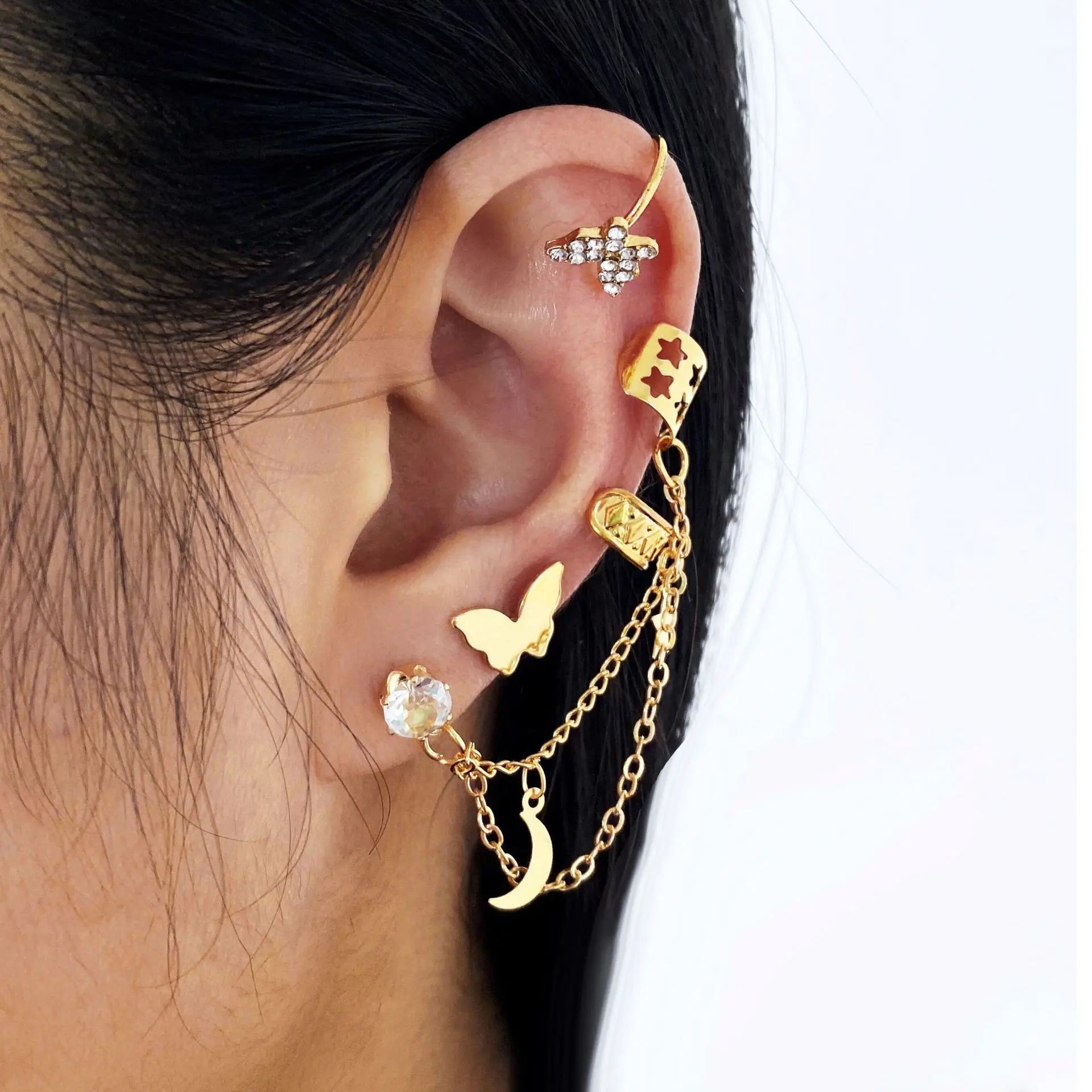 Trendy Gold Plated Irregular Geometric Earring Set Hollow Out Ring Gold Star Moon Heart Earring Jewelry