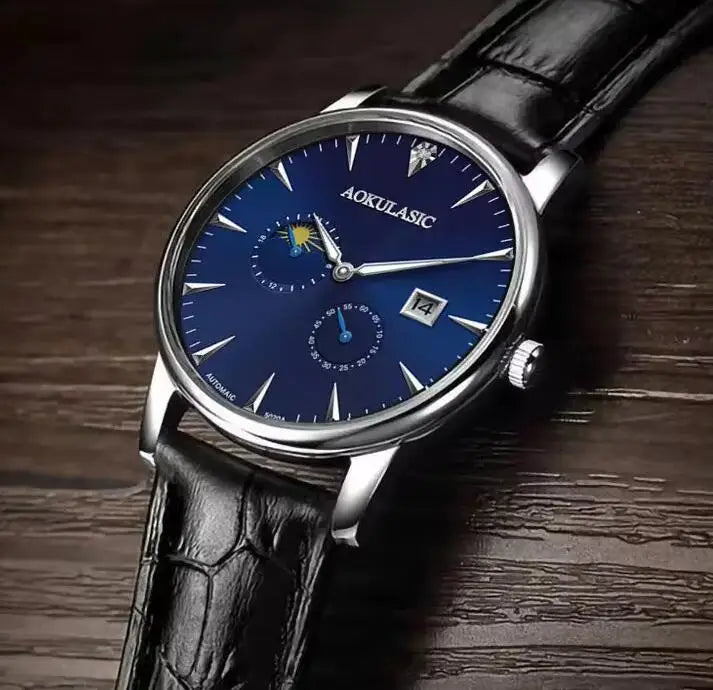 AOKULASIC Mechanical Automatic Men Watches Calendar Date Moon Phase Luxury Brand Man Sport Business Wristwatch