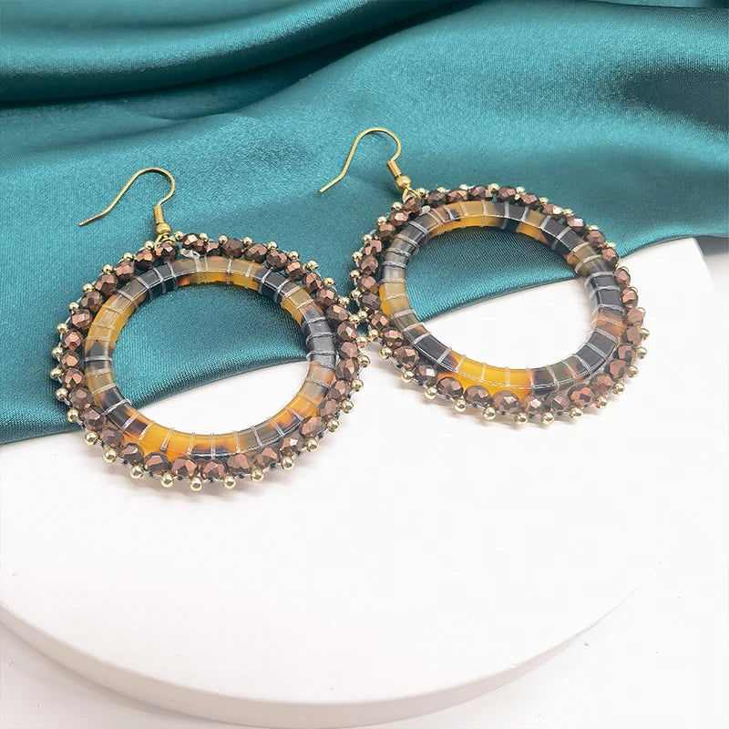 Women's Trendy Rainbow Leopard Pattern Acrylic Large Circle Huggie Earrings Bohemian Seed Bead for Engagement or Anniversary