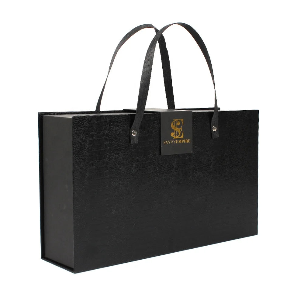 Custom Large Luxury Birthday Party Cardboard Gift Packaging Box with Black Ribbon Handle Embossed Magnetic Lid