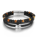 New Product Magnetic Clasp Triple Layers Skull Charm Tiger Eye Leather Bracelet