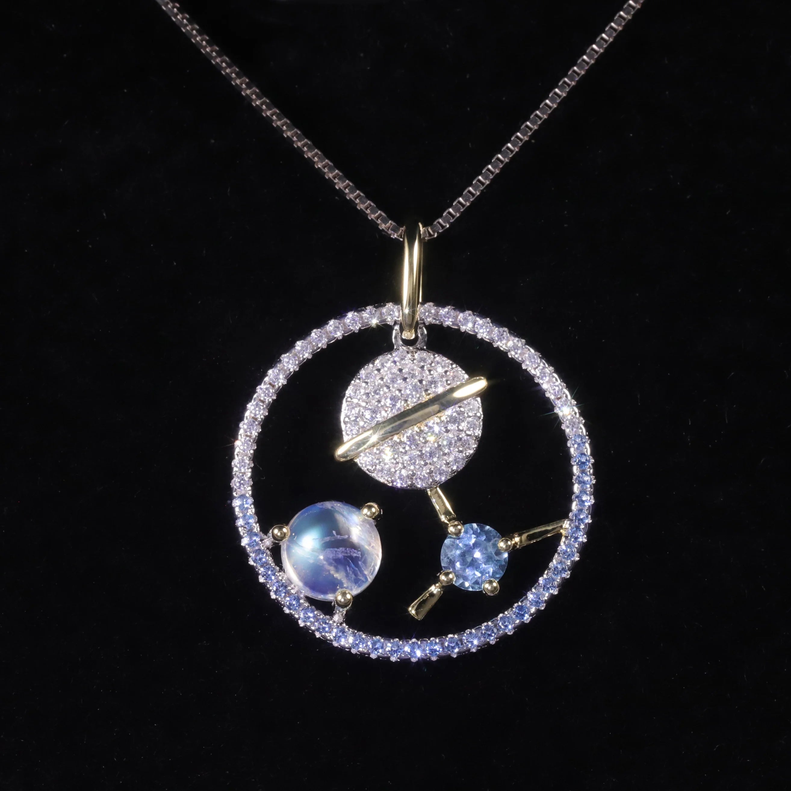 C8122 Abiding Universe Element Star Moon 925 Sterling Silver Swiss Blue Topaz Milky Blue Moonstone Planet Pendant for Necklace