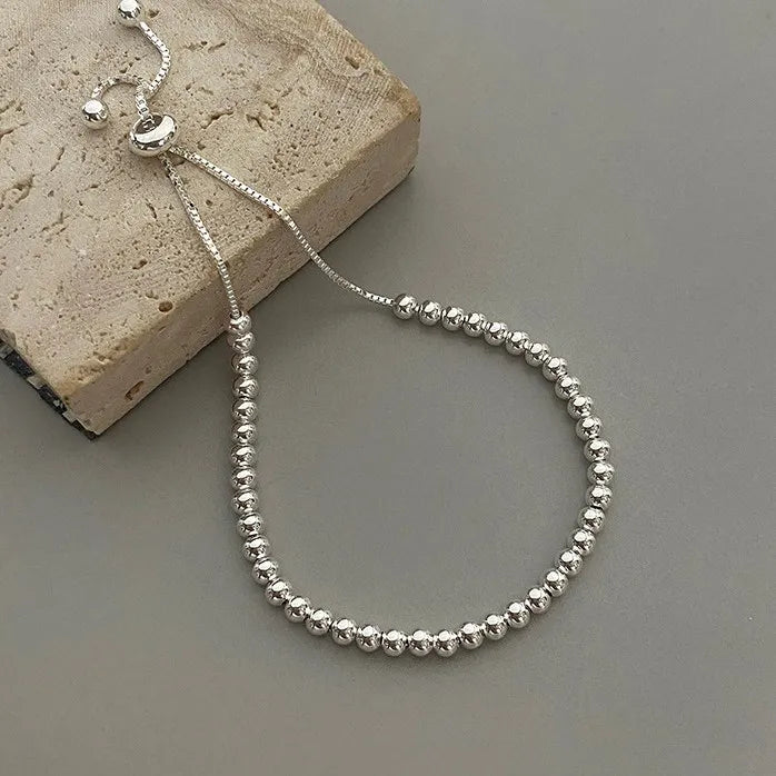 Trendy Women Small Round Beaded Bracelets Adjustable Chain Hand Charm Bracelet 925 Sterling Silver Fine Jewelry