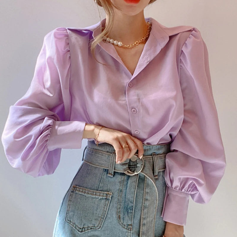 Wholesale Korean Style 2026 Spring Solid Color Wild Lapel Single-breasted Long Sleeve Fashion Sweet Women's Blouses and Tops