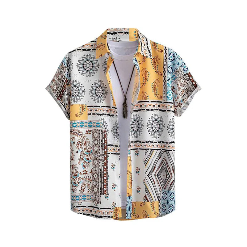 RNSHANGER Fashion Short Sleeves Shirts for Men Retro Floral Print Geometric Pattern Streetwear Shirt Summer Beach Shirts
