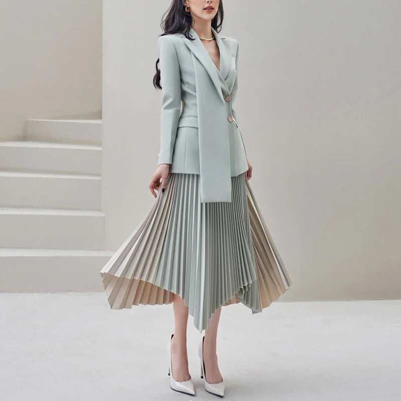 Wholesale 2026 New Grey Blue Double Breasted Suit Jacket Splicing Irregular Pleated Skirt Spring and Autumn Fashion Suit