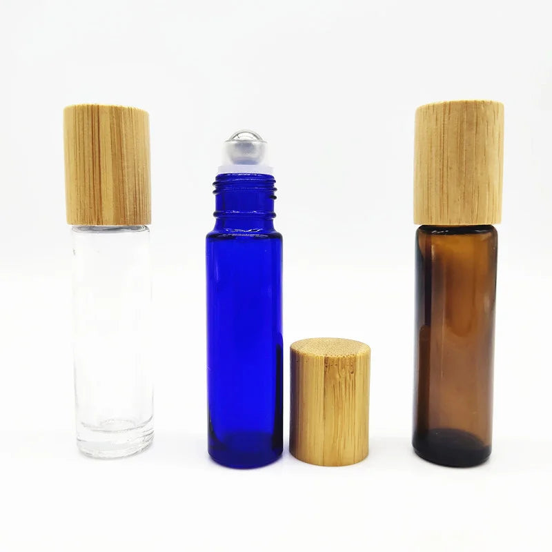 Glass Roll-On Bottle Cap Brush Bamboo Lid Matte Surface Empty for Essential Oil Aromatherapy Skincare