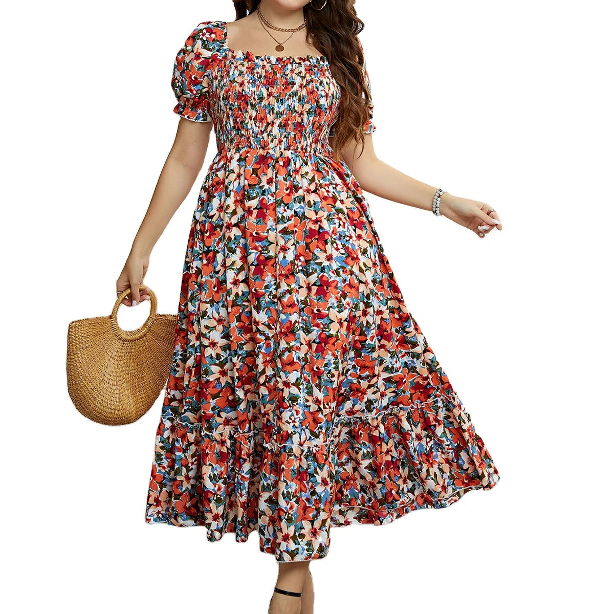 Hot Selling Women's Summer Floral Ruffled Hem Off Shoulder Shrink Your Waist and Appear Thin Dress