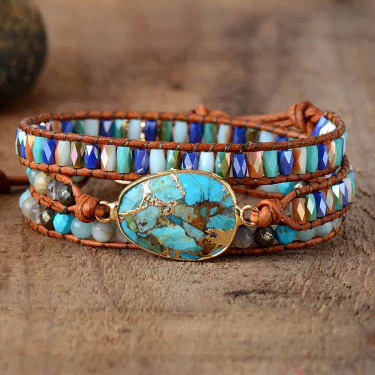 Vintage Fashion Cowhide Hand-woven Crystal Bead Bracelet Egg-shaped Turquoise Bracelet for Women