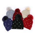 Promotional Women Pretty Knitted Pom Pom Hat Winter Beanie With Pearl Custom