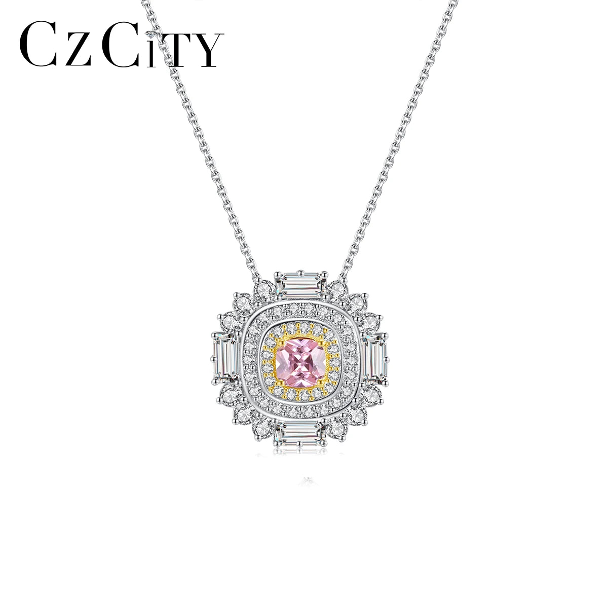 CZCITY Silver 2026 Unique Jewellery Link Chain Woman Pink Diamond Zircon Pendant Stone Necklace