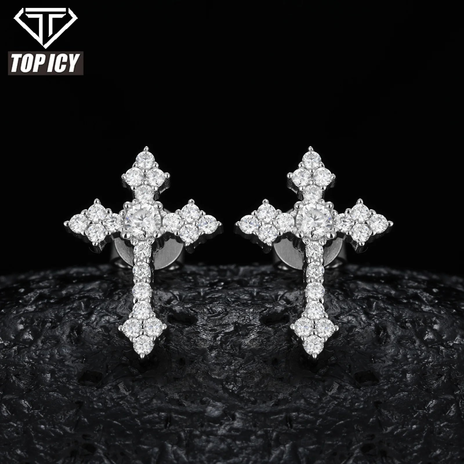 925 Sterling Silver VVS Moissanite Diamond Iced Tapered Cross Stud Earrings for Men Religious Jewelry-Christian Push Back