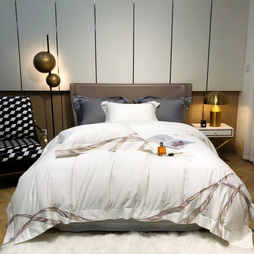 Wholesale OEM/ODM White Breathable 1200TC Cotton Comforter Duvet Cover High End Embroidery Bedding Set