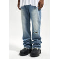 Custom Label Drop Ship Stock Street Wear Stock Men Ripped Distressing Blue Stacked Flared Denim Jeans