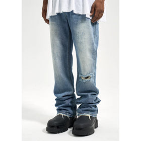 Custom Label Drop Ship Stock Street Wear Stock Men Ripped Distressing Blue Stacked Flared Denim Jeans