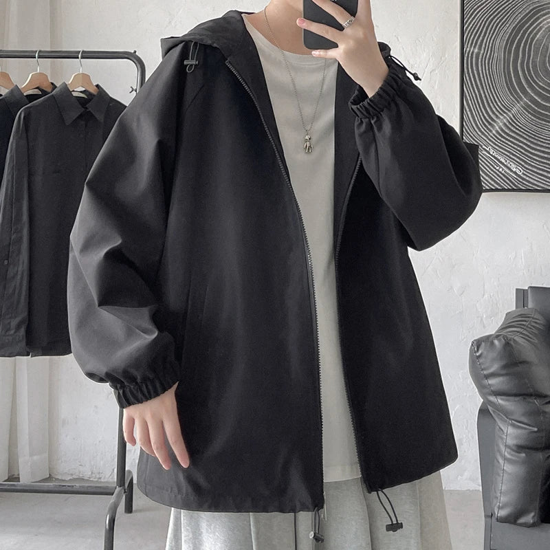 2023 Spring Autumn Hooded Men's Jackets Oversized Casual Man Windbreajer Coats Solid Color Zipper Outwear Clothing