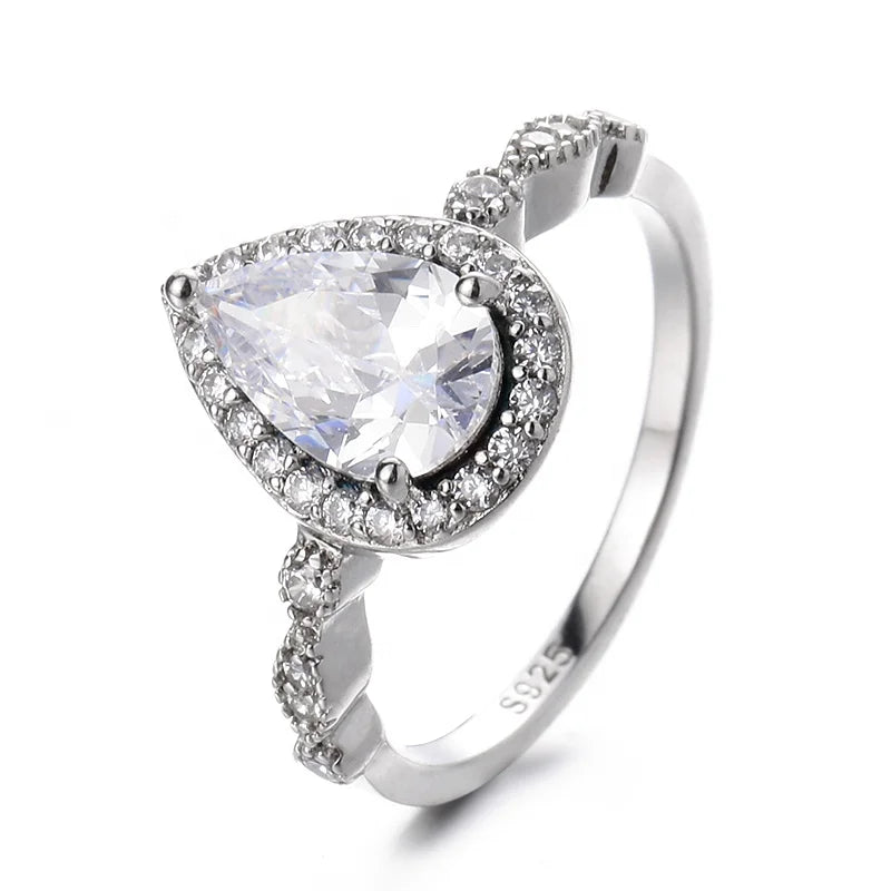 Vintage 925 Sterling Silver Teardrop Engagement Ring Genuine Fine Jewelry with VVS Moissanite for Women Anniversary Gift