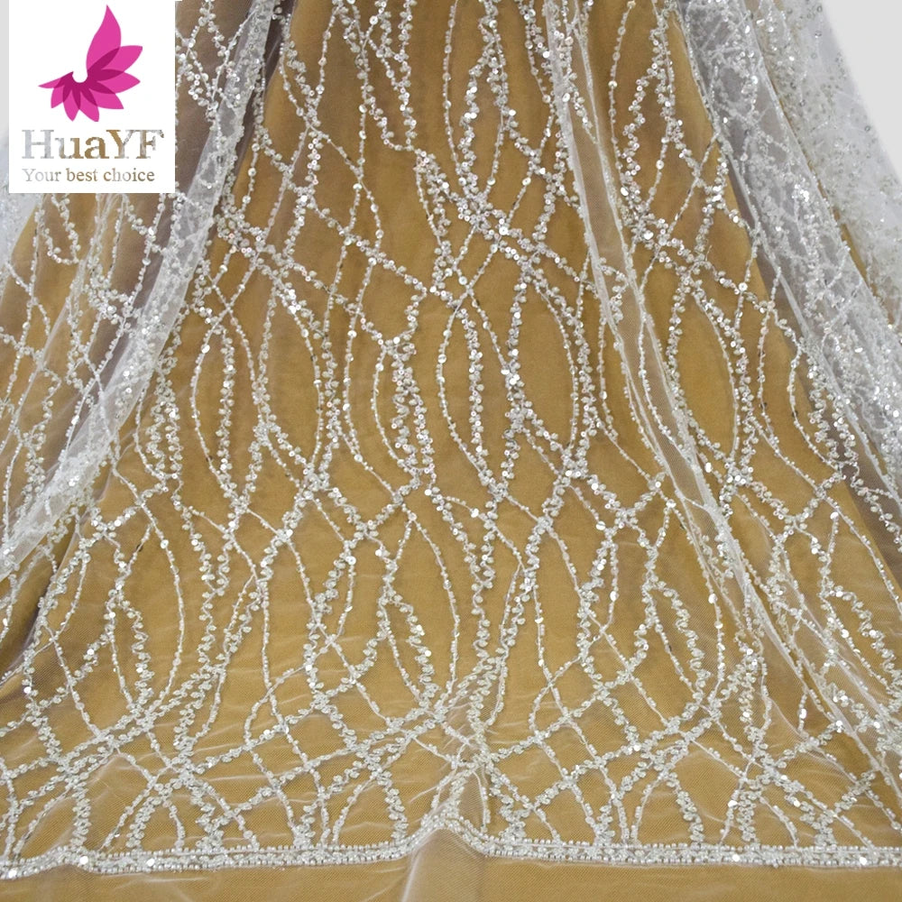 New French White 3d Beaded Sequins Lace Hot Sale Wedding Bridal Lace Dress Fabric for 5 Yards HY1744-4