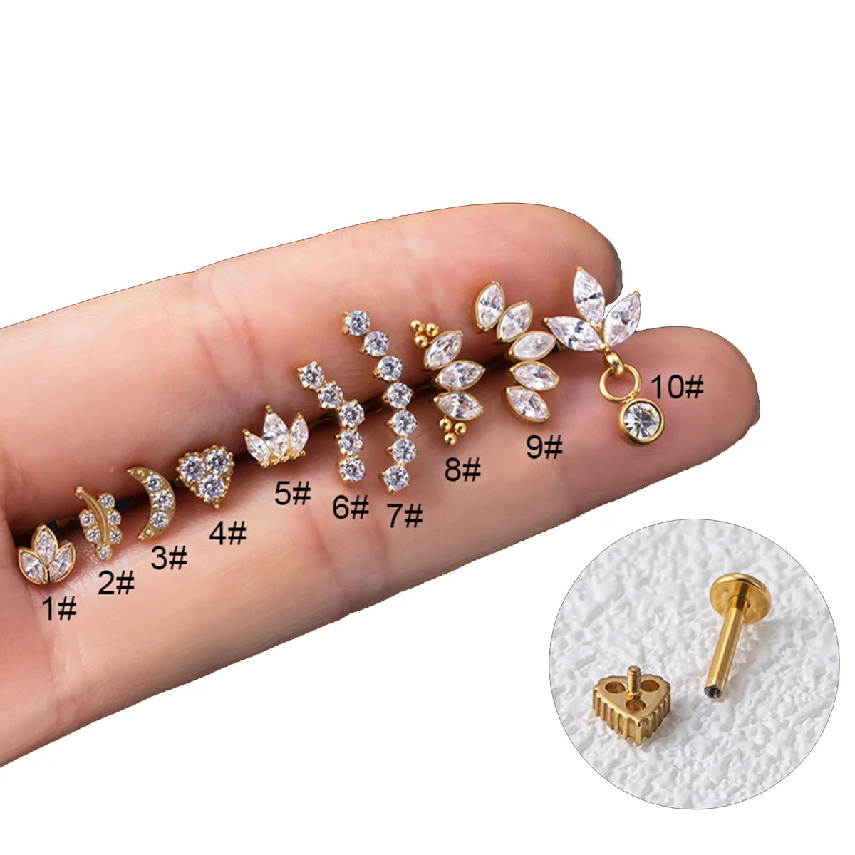 ASTM F136 Titanium Flat Back Lip Ring Zircon Internally Thread Labret Ear Tragus G23 Titanium Cartilage Earring Studs Piercing