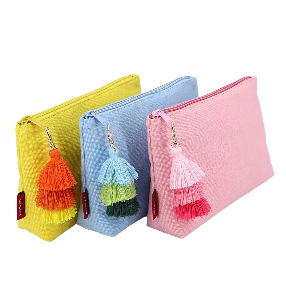 ECO Friendly Natural Casual Cotton Canvas Zipper Pouch Bag Colorful Cotton Custom Beauty Girl Gift Cosmetic Bag With Tassel