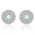 Fine Jewelry 925 Sterling Silver Pave CZ Round Disc Natural Round Opal Stud Earrings for Women Girls