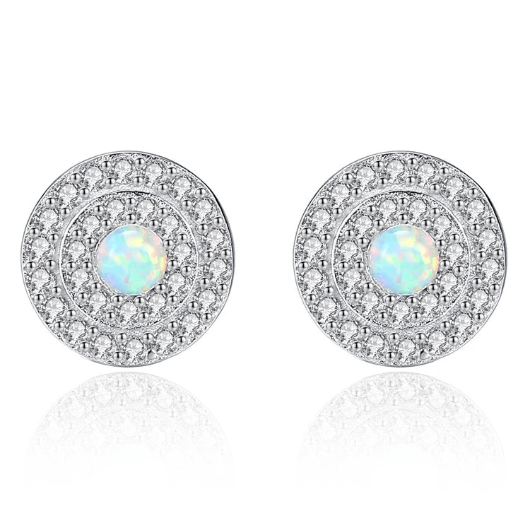 Fine Jewelry 925 Sterling Silver Pave CZ Round Disc Natural Round Opal Stud Earrings for Women Girls