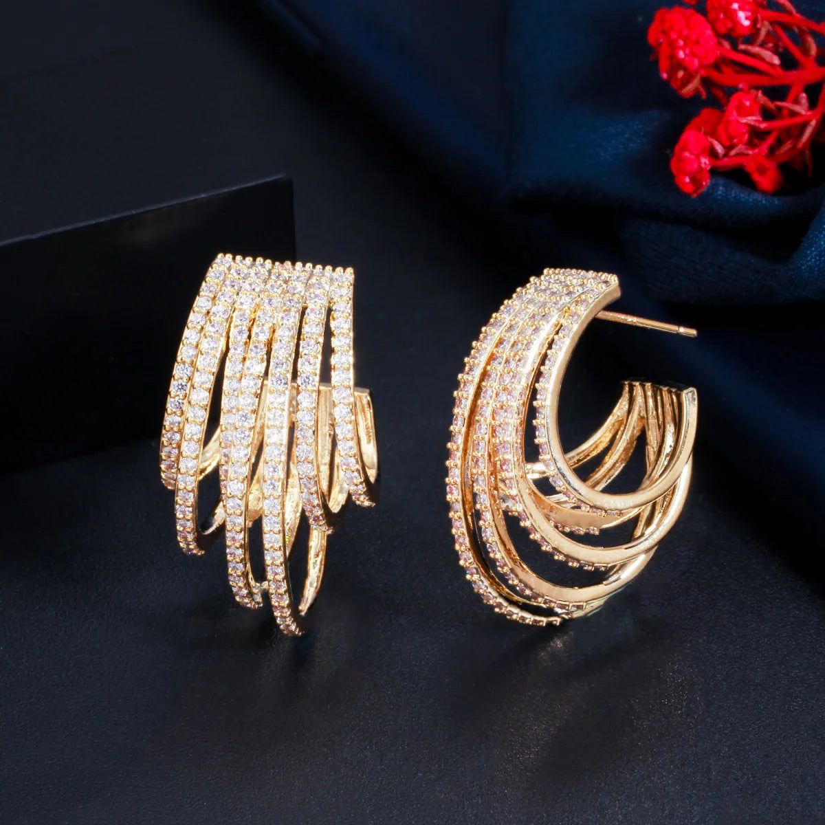 Fashion Multicolor Rainbow Micro Pave CZ Stone Geometric Half Round Circle Hoop Earrings for Women Black Gold Plated Jewelry