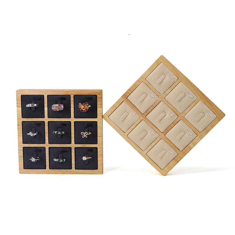 Wholesale Hot Sale Jewelry Tray Ring Display Stand with Elastic bar Solid Wood 9-position Ring Tray