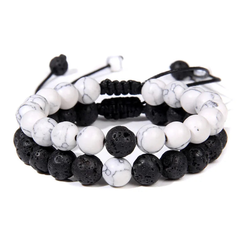 Adjustable 2pcs/SET Bohemian 8mm Natural Black White Stone Beads Bracelets Classic Braided Distance for Men Women Gift Jewelry