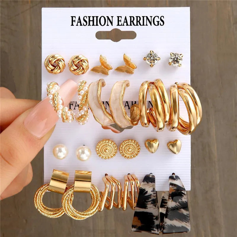 Fashion Geometric Pearl Circle Drop Earrings Trendy Gold Metal Hoop Earring Set for Women